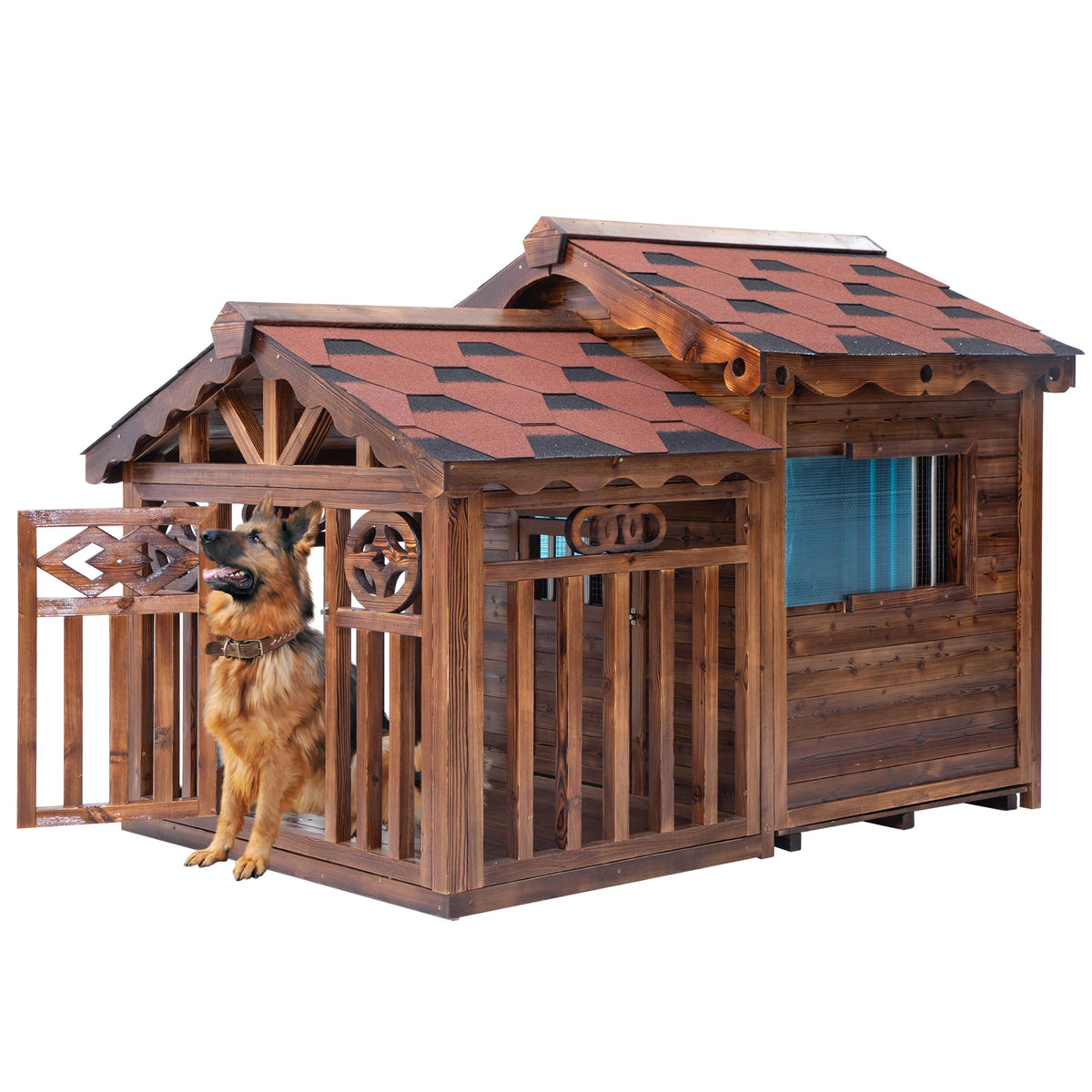 Deluxe Outdoor Dog House, Two-Room Wooden Doghouse Designed for Small and Medium Dogs, with Raised Floor and Double Layer Asphalt Shingle Roof, Warm and Weatherproof, XL
