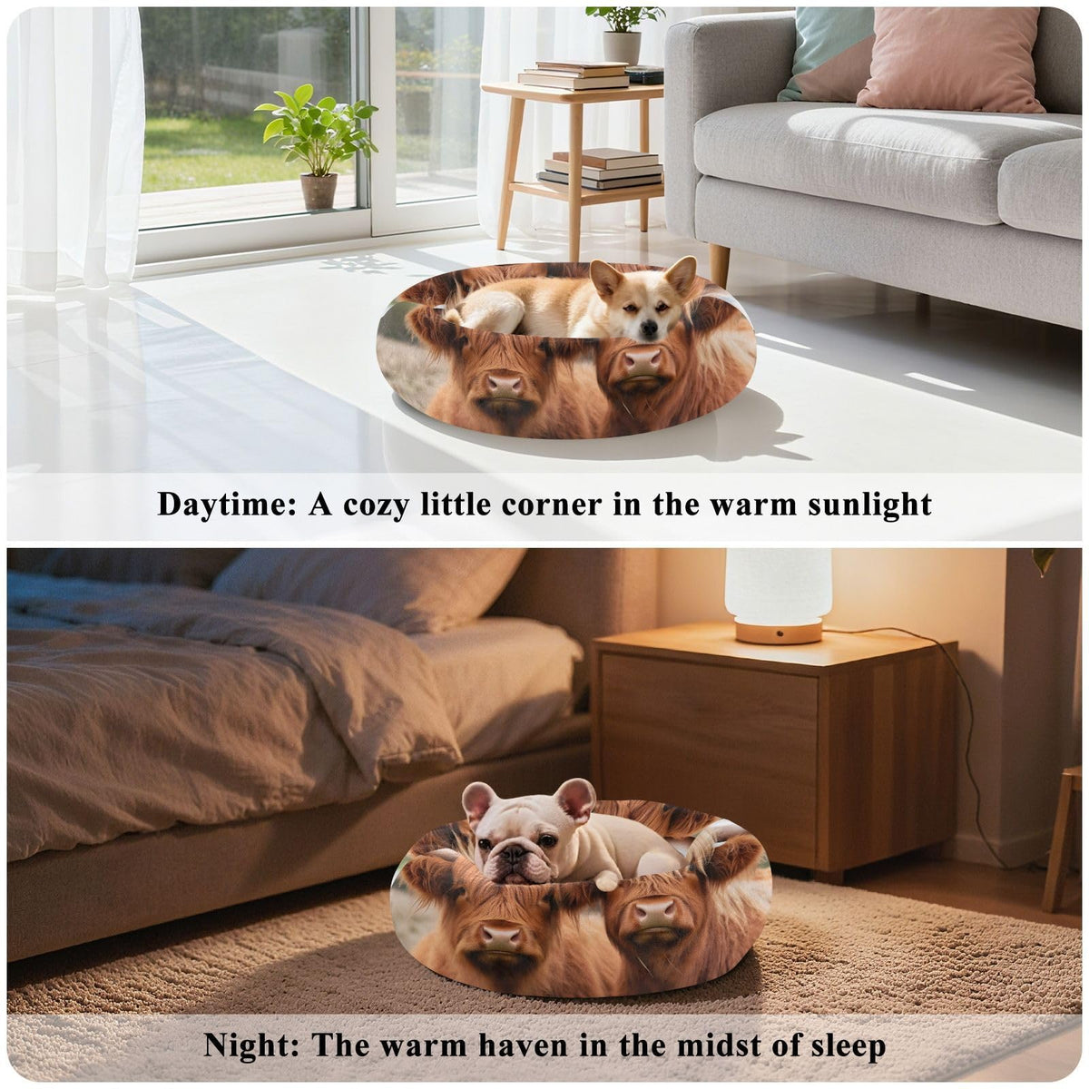 Donut Dog Bed for Small Dogs & Cats - Highland Cows Calming Anti-Anxiety Pet Bed with Non-Slip Base, Removable & Machine Washable, 15"