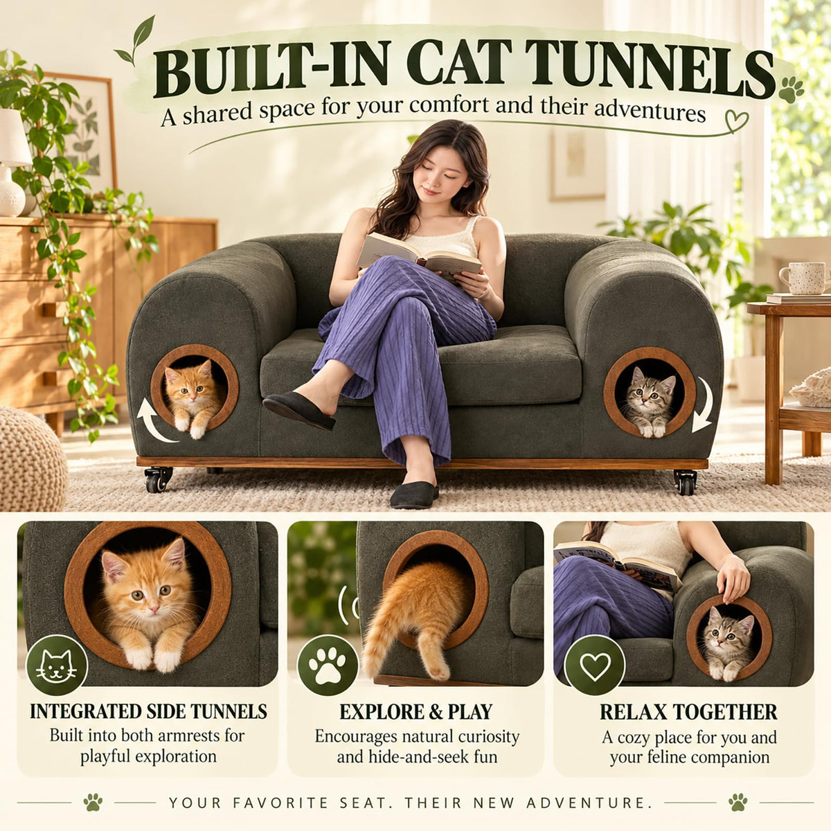 Shared Sofa For Humans And Pets, Cat Passageways On Both Sides