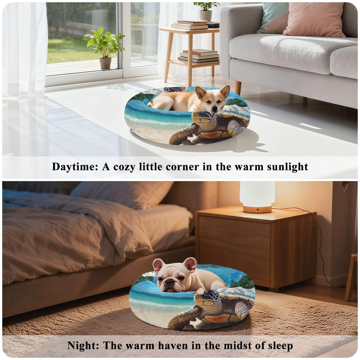 Donut Dog Bed for Small Dogs & Cats - Sea Turtle Calming Anti-Anxiety Pet Bed with Non-Slip Base, Removable & Machine Washable, 22"