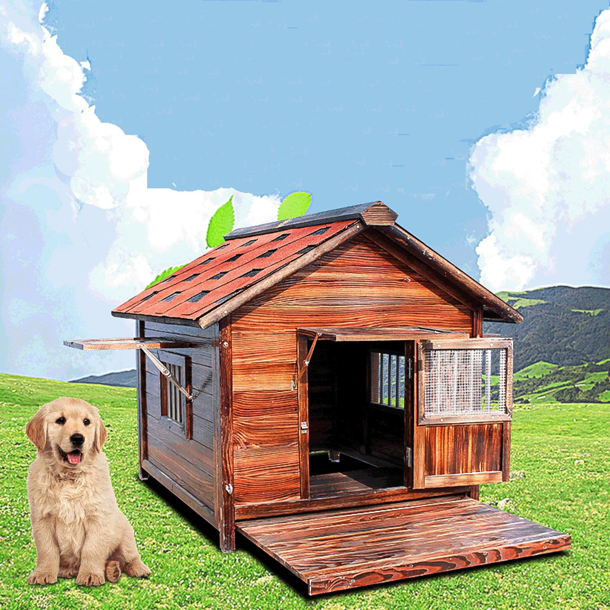 Wooden Dog Kennel, Pet Luxury Dog House, Log Cabin Dog House, Dog Kennel Indoor Outdoor, Dog Cage for Small, Medium, Large Dogs,4XL
