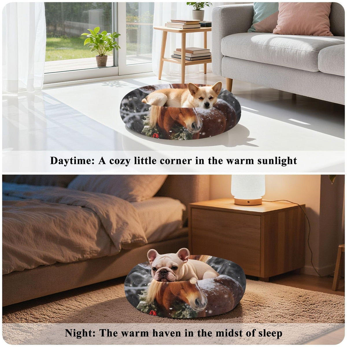Donut Dog Bed for Small Dogs & Cats - Horse in The Snow Calming Anti-Anxiety Pet Bed with Non-Slip Base, Removable & Machine Washable, 22"