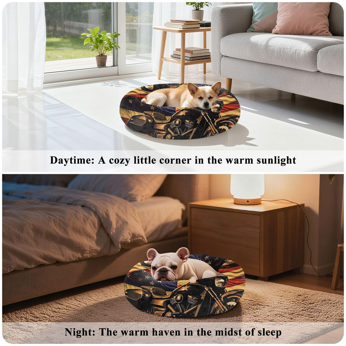 Donut Dog Bed for Small Dogs & Cats - Vintage Motorcycle Flag Calming Anti-Anxiety Pet Bed with Non-Slip Base, Removable & Machine Washable, 22"
