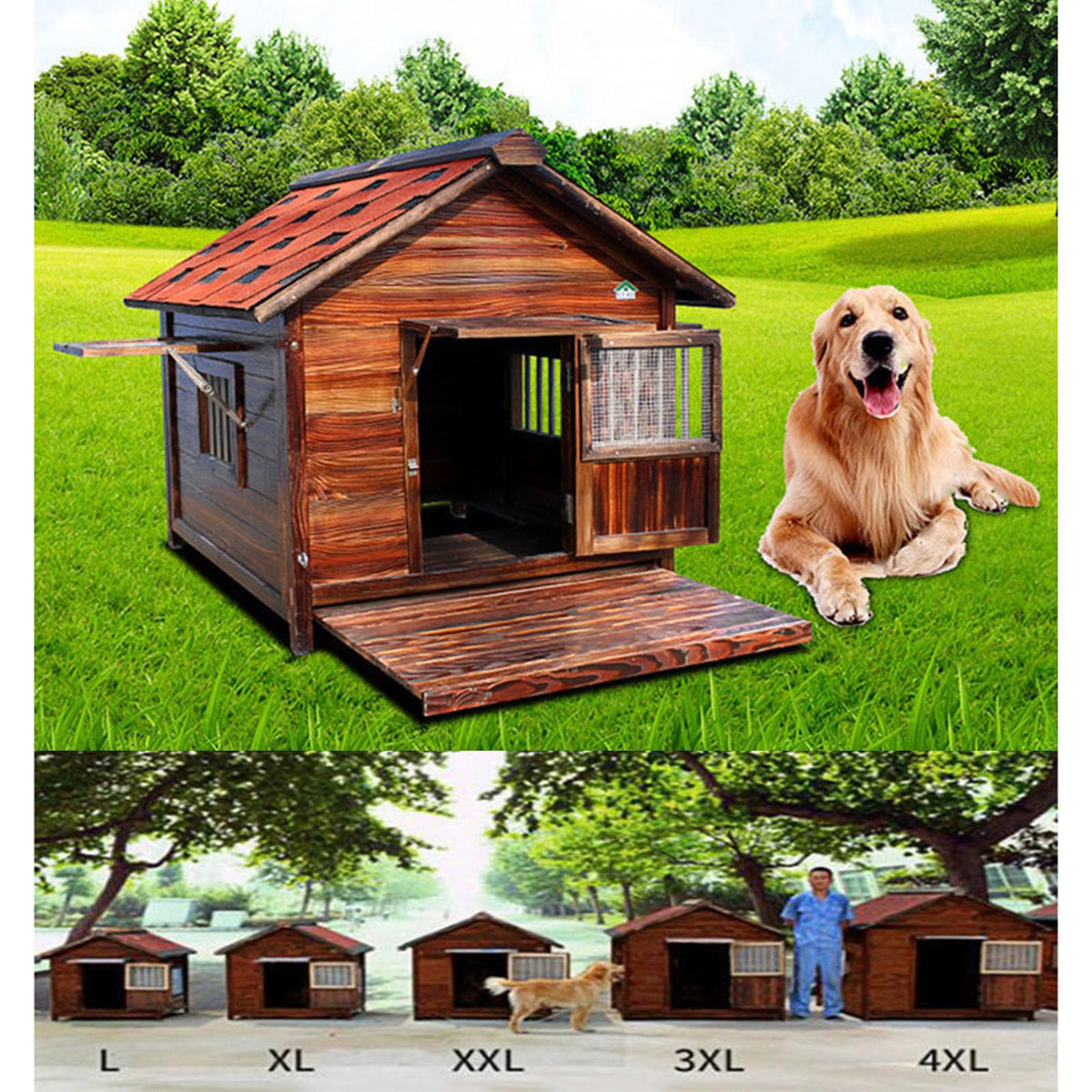 Wooden Dog Kennel, Pet Luxury Dog House, Log Cabin Dog House, Dog Kennel Indoor Outdoor, Dog Cage for Small, Medium, Large Dogs,4XL