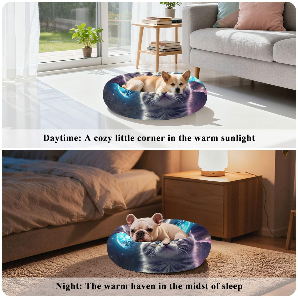 Donut Dog Bed for Small Dogs & Cats - Cat on The Moon Calming Anti-Anxiety Pet Bed with Non-Slip Base, Removable & Machine Washable, 22"