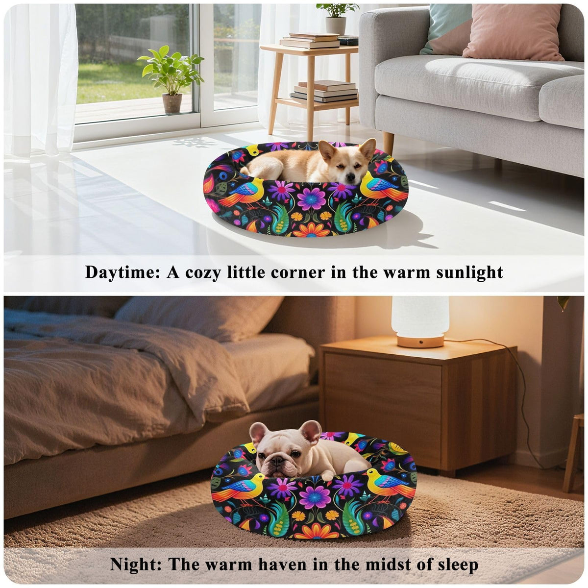 Donut Dog Bed for Small Dogs & Cats - Mexican Art Design Calming Anti-Anxiety Pet Bed with Non-Slip Base, Removable & Machine Washable, 22"