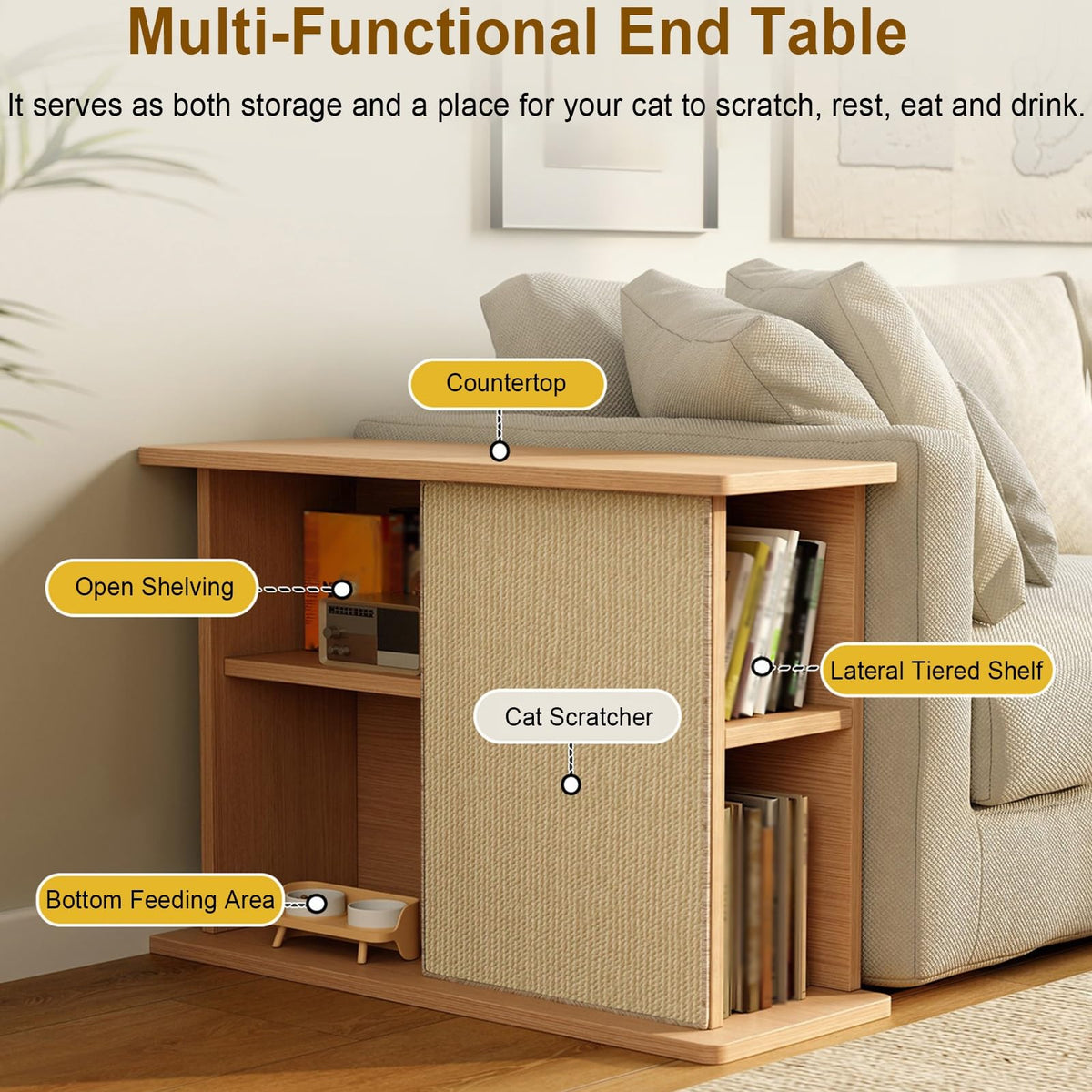 Corner Couch End Table with Removable Sisal Cat Scratcher Pad - Stylish Furniture for Cats and Living Room, Space-Saving Design, Perfect for Pet Owners