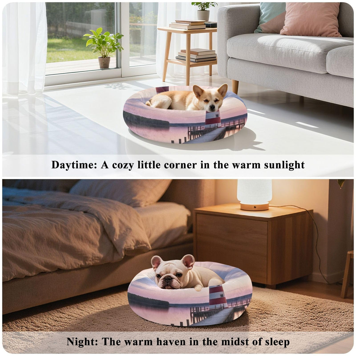 Donut Dog Bed for Small Dogs & Cats - Lighted Lighthouse Calming Anti-Anxiety Pet Bed with Non-Slip Base, Removable & Machine Washable, 15"
