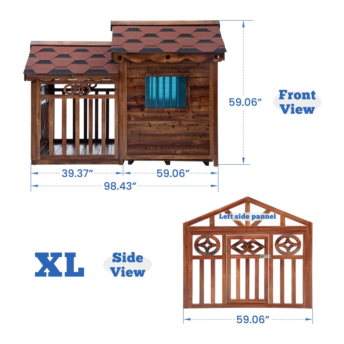 Deluxe Outdoor Dog House, Two-Room Wooden Doghouse Designed for Small and Medium Dogs, with Raised Floor and Double Layer Asphalt Shingle Roof, Warm and Weatherproof, XL