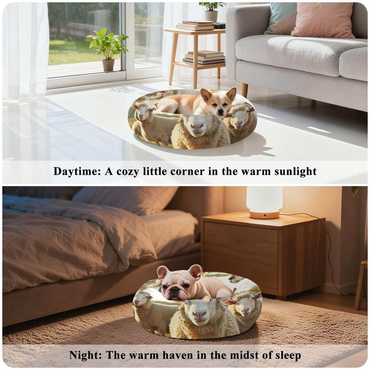 Donut Dog Bed for Small Dogs & Cats - Funny Sheep Pattern Calming Anti-Anxiety Pet Bed with Non-Slip Base, Removable & Machine Washable, 18"