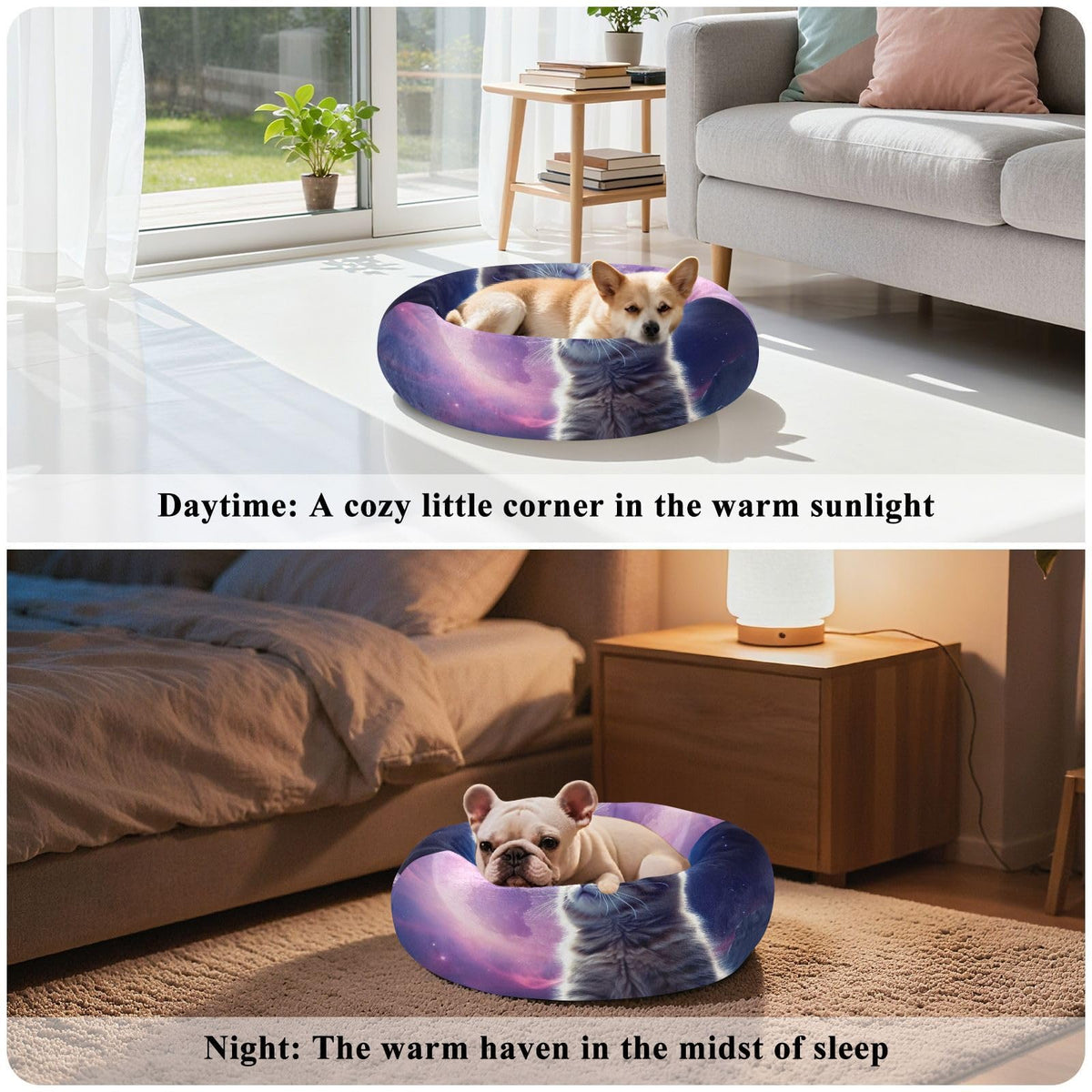 Donut Dog Bed for Small Dogs & Cats - Cat on The Moon Calming Anti-Anxiety Pet Bed with Non-Slip Base, Removable & Machine Washable, 22"