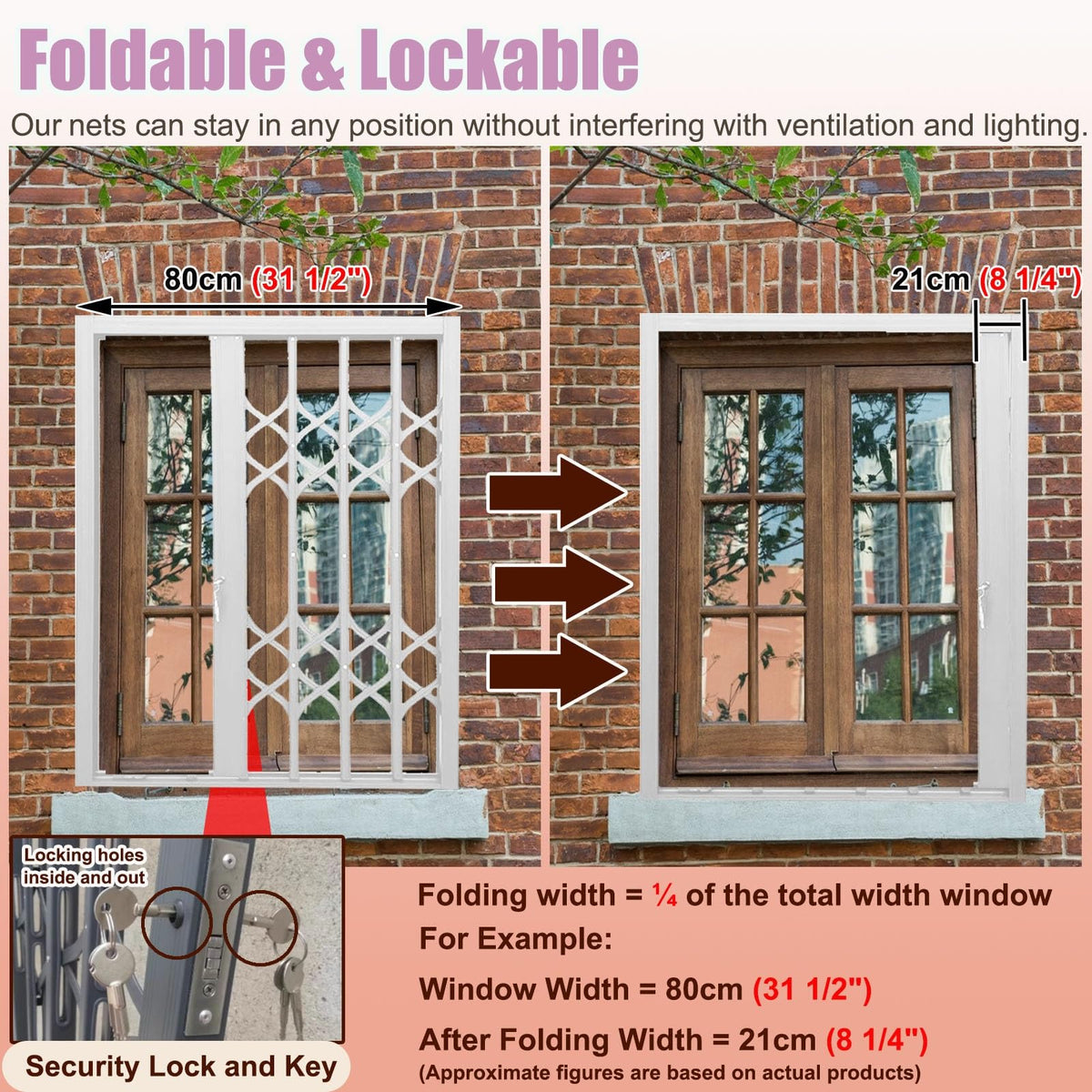 Folding Metal Window Security Bars for Cats & Pets - Outdoor Invisible Sliding Gate & Fence, 31x50inch (79x127cm) - Burglary Prevention & Safety Solution